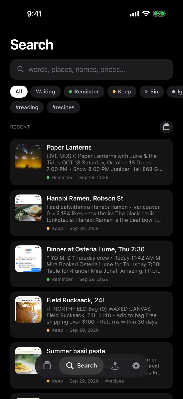 The Sorts search screen, listing kept screenshots and reminders with the text read from each